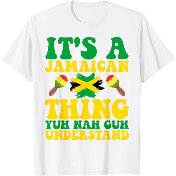 ITS A JAMAICAN THING DESIGN JAMAICA OUTFIT Jamaican Roots T-Shirt - Unisex Adults - White - Small - Short Sleeve - Cotton 65% Polyester 35% - Novelty - Humor - Casual - All Seasons
