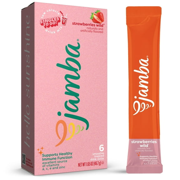 Jamba Immune Support Vitamin Enhanced Singles to Go! Low Calorie Powdered Drink Mix, Strawberries Wild, 0.27 oz, 6 Count Packets