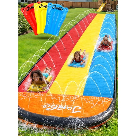 JAMBO 18ft Triple Lane Slip  Slide with 3 Body Boards + Sprinklers