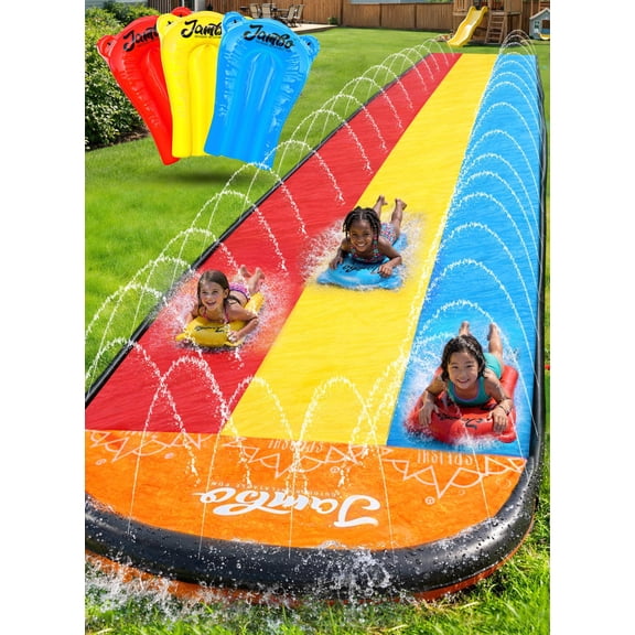 JAMBO 22.5ft Triple Lane Slip Slide with 3 Body Boards + Sprinklers