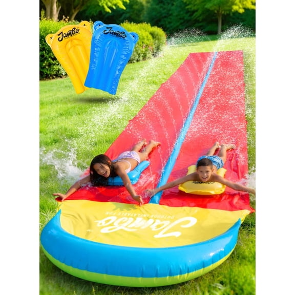JAMBO 32FT Extra Extra Long Slip Splash and Slide and 2 Bodyboards, Heavy Duty Water Slide with Inflatable Crash Pad, Double Lane Slip Slides, Outdoor Backyard Water Slides n Toys for Kids