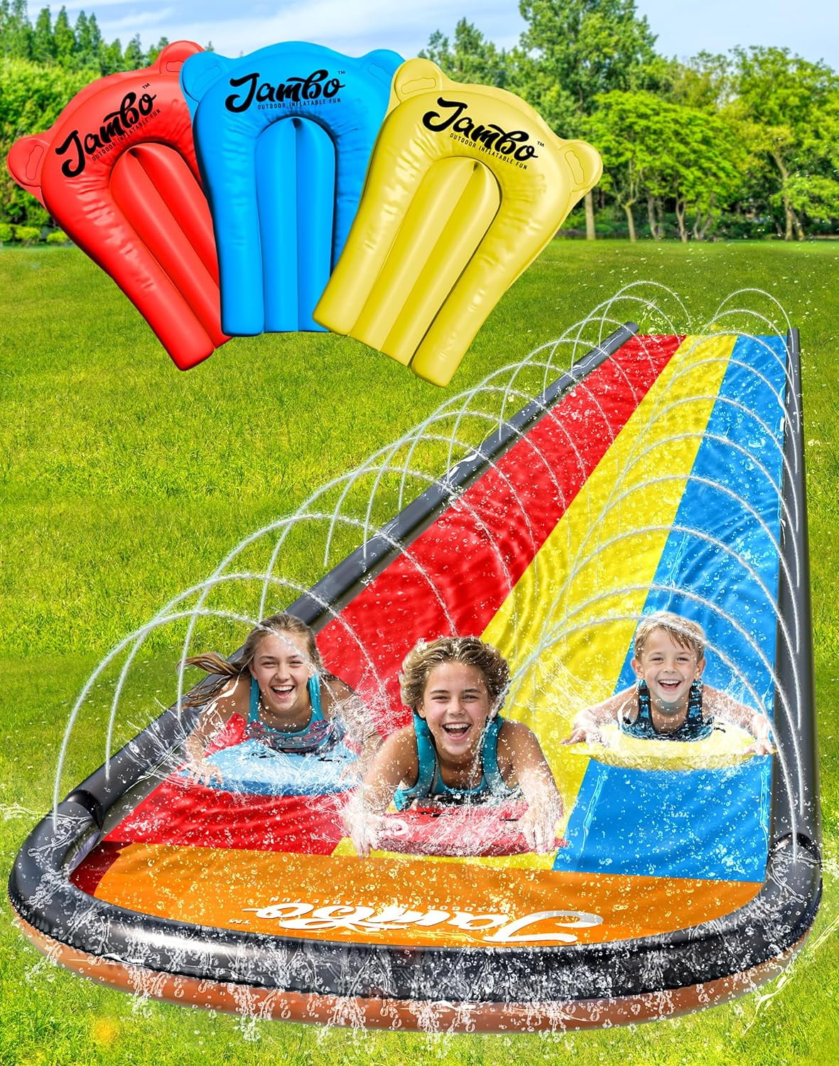 Jambo Premium Triple Slip Splash And Slide With Bodyboards Updated Model Heavy Duty Water 