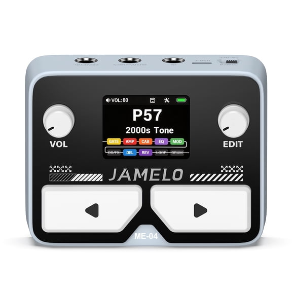 JAMELO Gray ME-04 MINI Pocket Multi-Effects Guitar Pedal with 10 Effects Modules 100 Drum Rhythms and 40-second Stereo Looper 99 Presets 40 Amp/Cab Processor OTG USB Audio Interfac