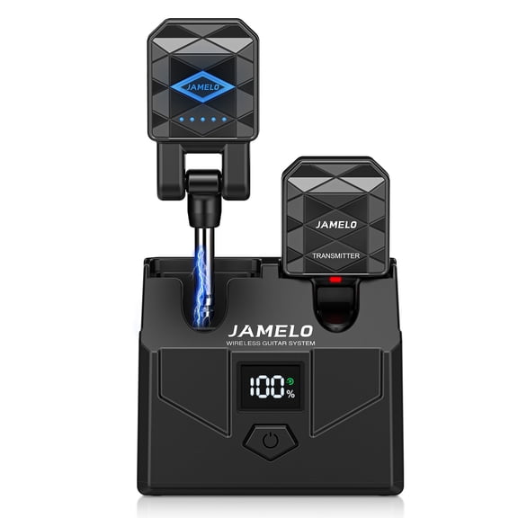 JAMELO WS-200 Wireless Guitar System with Charging Case Transmitter Receiver with 4 Channels 15H Playtime Rechargeable Guitar Bass Jack Lead for Electric Instruments
