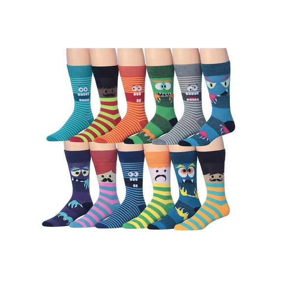 JAMES FIALLO Mens Gift-Ready Novelty Crew Socks – Colorful Multipack with Trendy Designs (12 Pairs)