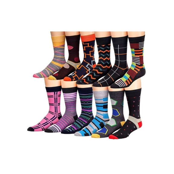 JAMES FIALLO Mens Gift-Ready Novelty Crew Socks – Colorful Multipack with Trendy Designs (12 Pairs)