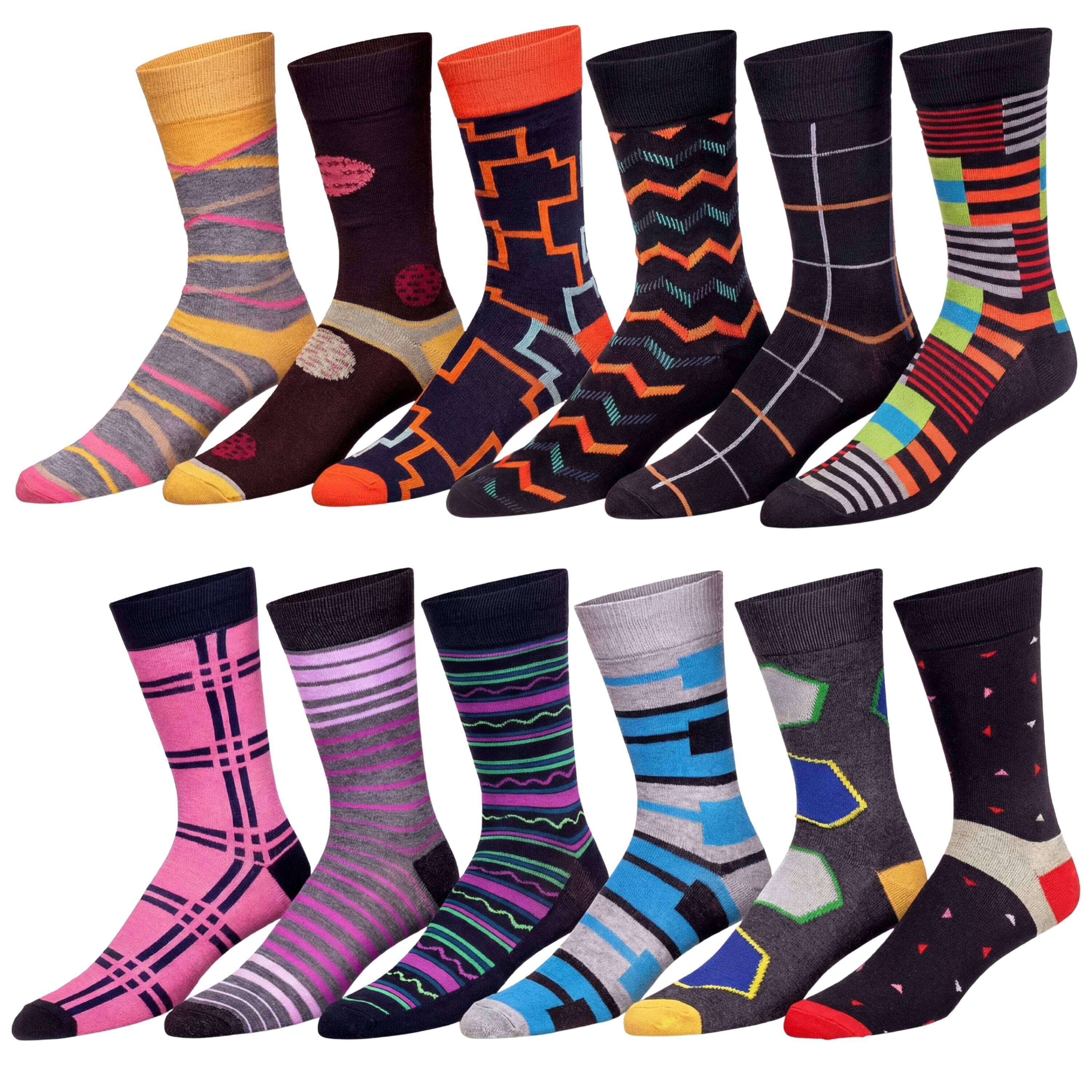 JAMES FIALLO Mens Gift-Ready Novelty Crew Socks – Colorful Multipack with Trendy Designs (12 Pairs)
