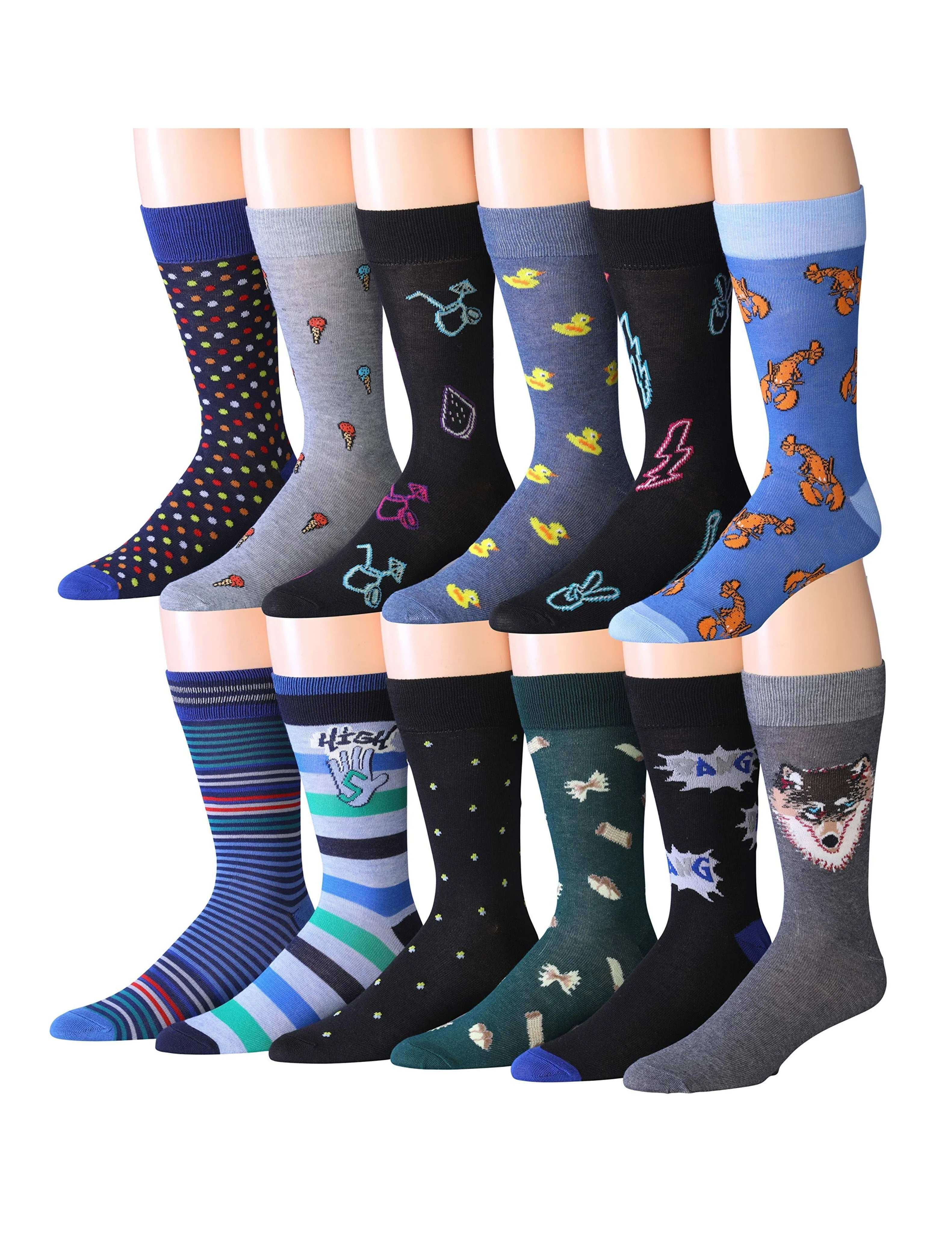 JAMES FIALLO Mens Gift-Ready Novelty Crew Socks – Colorful Multipack with Trendy Designs (12 Pairs)