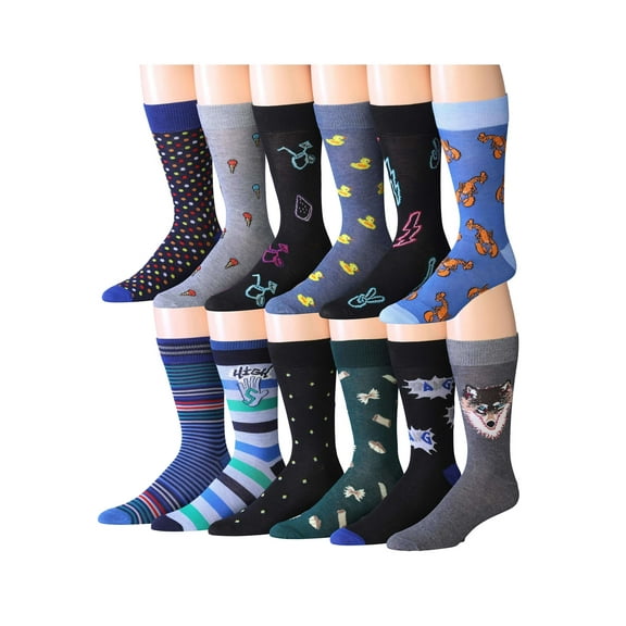 JAMES FIALLO Mens Gift-Ready Novelty Crew Socks – Colorful Multipack with Trendy Designs (12 Pairs)