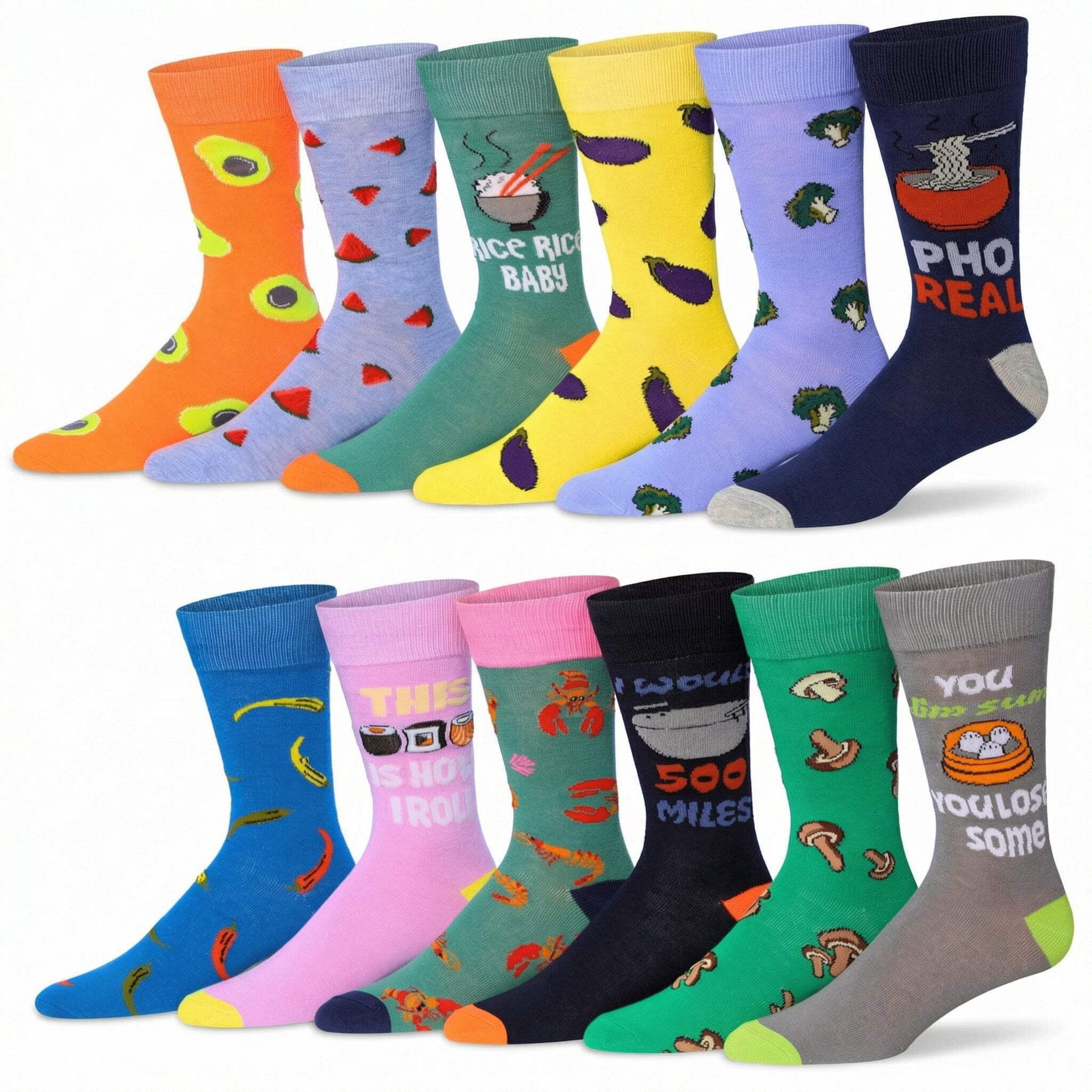 JAMES FIALLO Mens Gift-Ready Novelty Crew Socks – Colorful Multipack with Trendy Designs (12 Pairs)