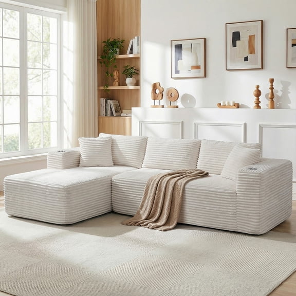 JAMFLY 103" Modular Sectional Sofa, Modern L-Shape Upholstered Boneless Sofa with Deep Seat Oversized Chaise, Memory Foam Compressed Boneless Couch for Living Room, Cream Beige