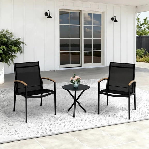 JAMFLY 3-Piece Patio Bistro Set with Wood-Look Armrests, Sturdy Steel Outdoor Furniture with 2 Stationary Chairs & Metal Side Table for Small Balcony, Apartment Porch, and Backyard, Black