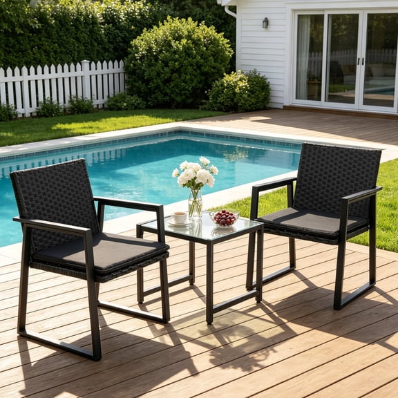 JAMFLY 3 Piece Patio Furniture Set, Outdoor Wicker Bistro Set with 2 Chairs and Glass Coffee Table, Rattan Conversation Set with Cushions for Balcony, Porch, Garden, Backyard, Poolside, Black