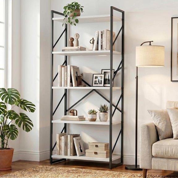 JAMFLY 5 Tiers Bookshelf, Classically Tall Bookcase Shelf, Book Rack,Modern Book Holder in Bedroom/Living Room/Home/Office, Ivory