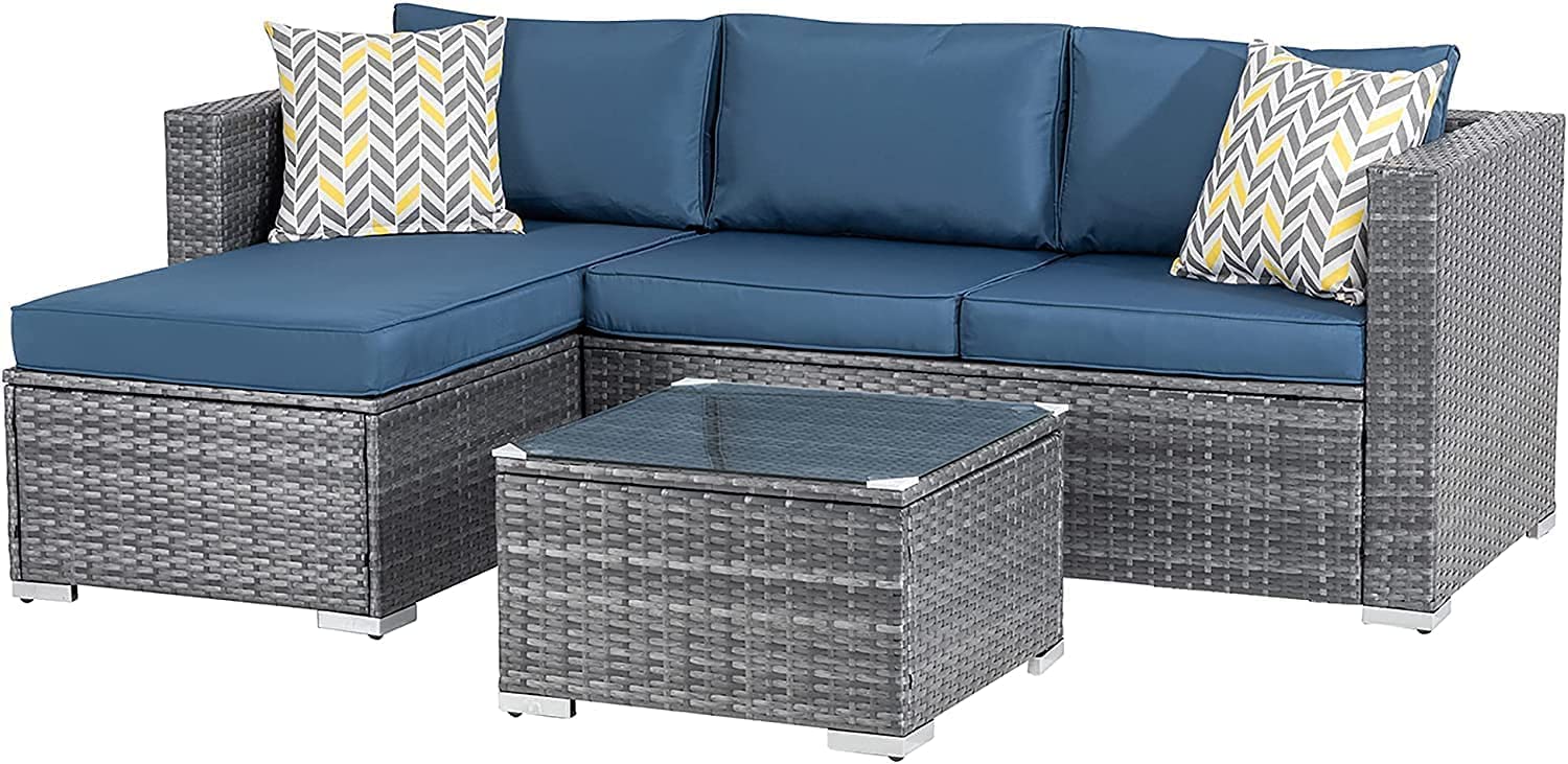 JAMFLY Outdoor Furniture Patio Sets Low Back AllWeather Small Rattan Sectional Sofa with Tea