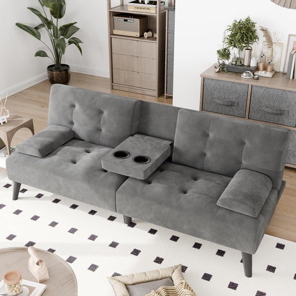 JAMFLY Small Futon Sofa Bed, Modern Convertible Folding Loveseat - 3-Angle Recliner, Detachable Armrests with Cup Holders for Small Spaces, Dark Grey Velvet