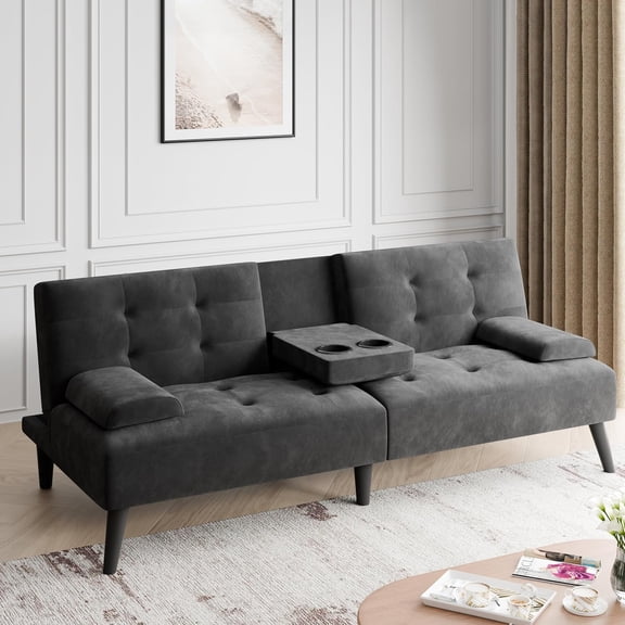 JAMFLY Sofa Bed Futon Couches, Modern Convertible Folding Loveseat - Multi-Functional Recliner with 3-Angle Adjustment, Detachable Armrests with Cup Holders - Ideal for Small Spaces, Black Velvet