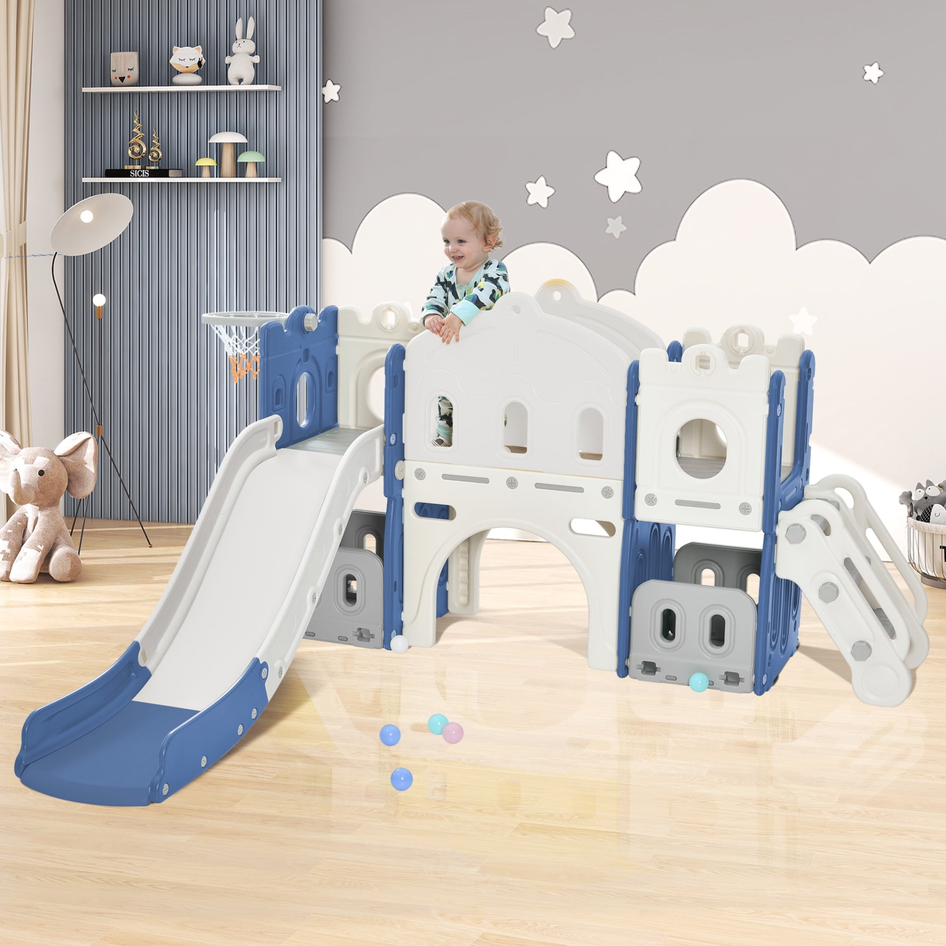 JAMPOOCA 5 in 1 Kids Slide Playset Structure Kids Climbers Playhouse with Slide Basketball Hoop Toy Storage Freestanding Castle Climber for Toddlers Indoor Outdoor Blue Walmart