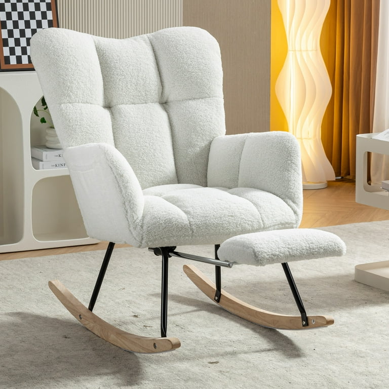 JAMPOOCA Accent Nursery Rocking Chair Teddy Fabric Upholstered Glider Rocker Chair with Adjustable Footrest and Side Pocket Armchair Comfy Side Chair for Living Room Bedroom Offices Ivory Walmart