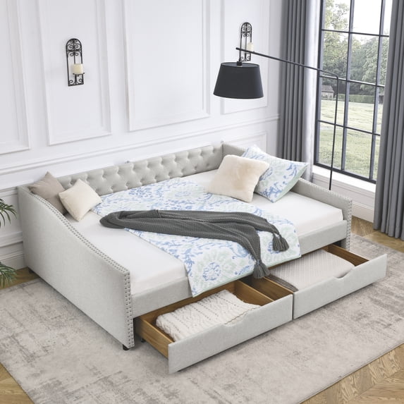 JAMPOOCA Linen Storage Queen size Upholstered Daybed with Storage Drawers Beige