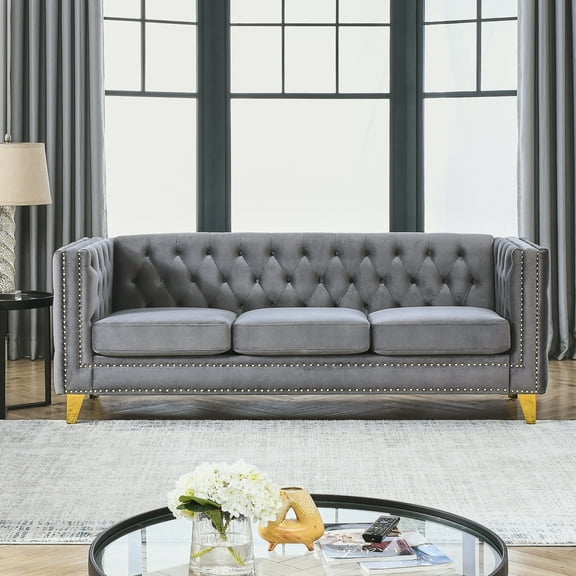 JAMPOOCA Modern Chesterfield Bedroom Velvet Nailhead Trim 3 Seater Couch, Grey