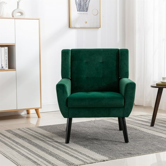 JAMPOOCA Modern Velvet Upholstered Accent Chair, Sigle Side Sofa Chair with Solid Wood Legs, Living Room Chairs for Bedroom Office, Retro Green