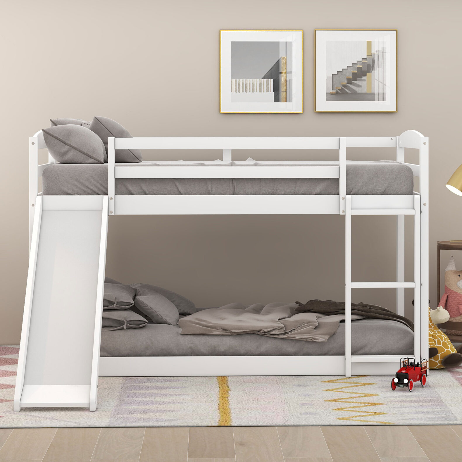 JAMPOOCA Twin over Twin Low Bunk Bed with Convertible Slide and Ladder ...