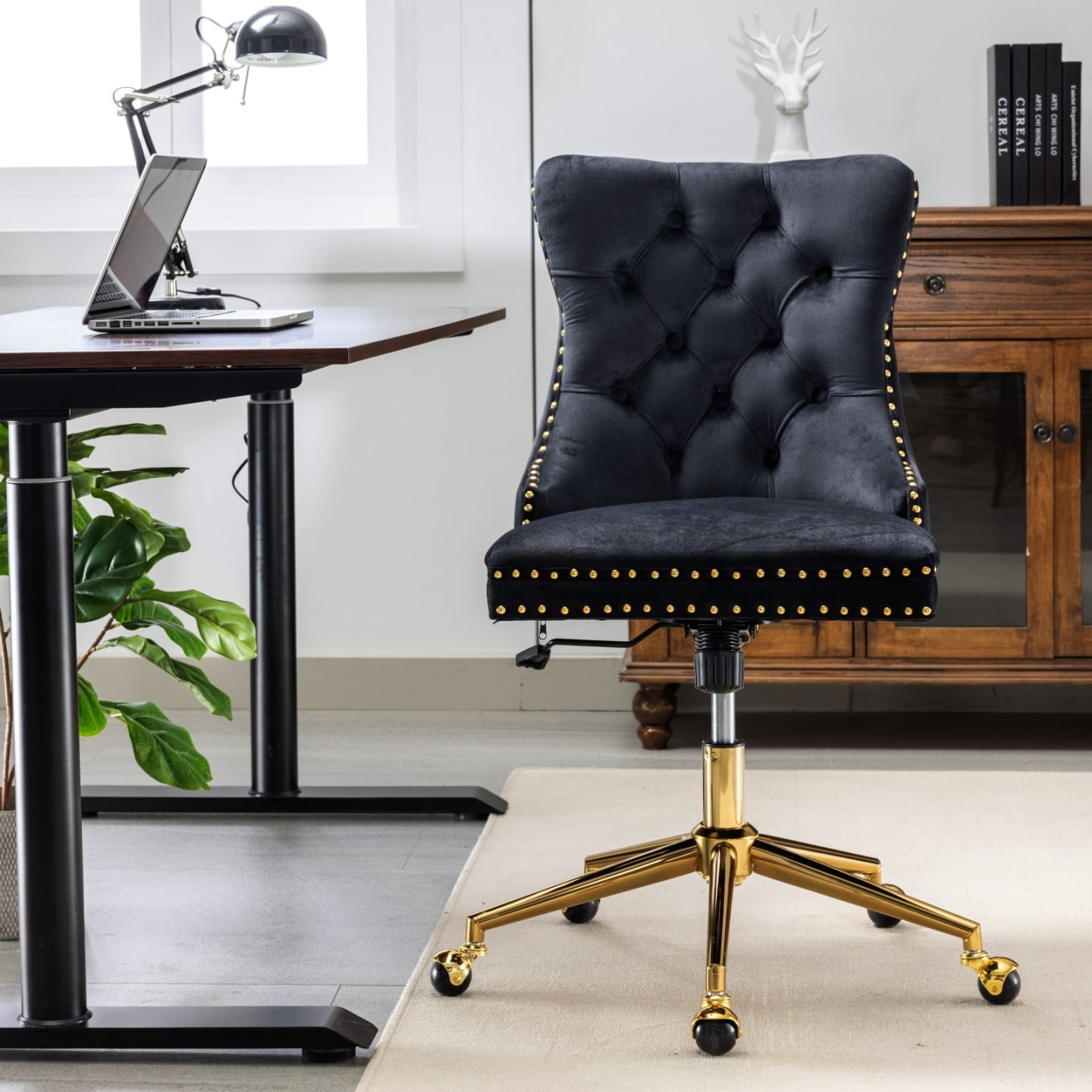 Velvet Swivel Office Desk Chair with Rolling Gold Task, Button Tufted ...