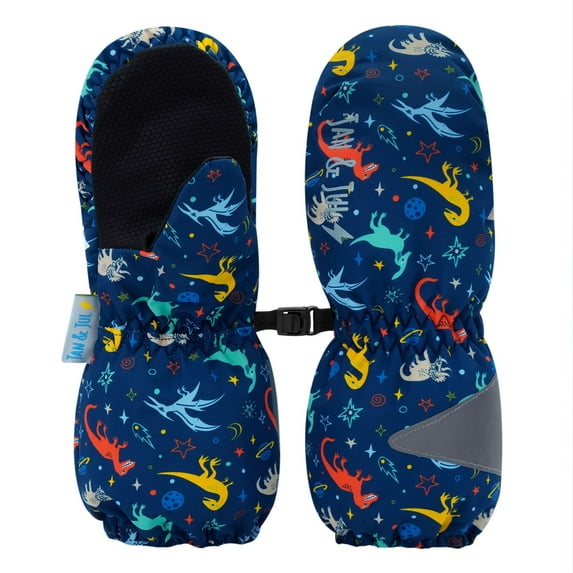 JAN & JUL Baby Boys' Waterproof Lightweight Fleece Lined Rain Mittens with Insulation (Space Dinos, Size XS)