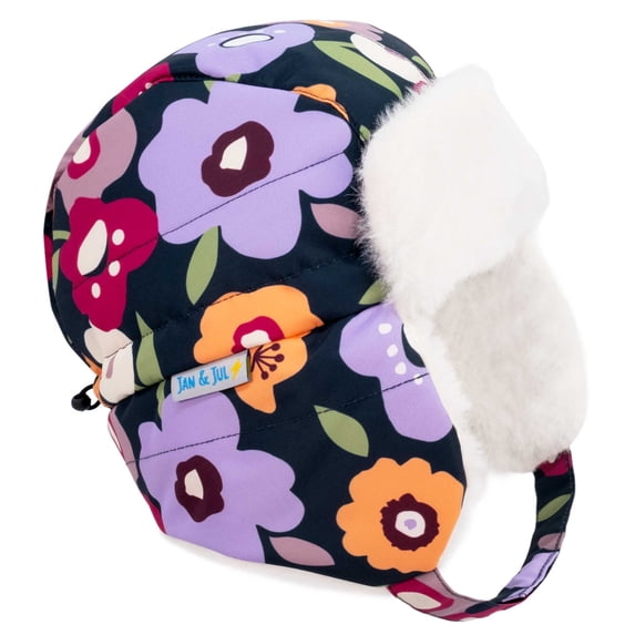 JAN & JUL Girls Kids Windproof Trapper Winter Hat Faux Fur (L: 2-5T, Winter Flowers)