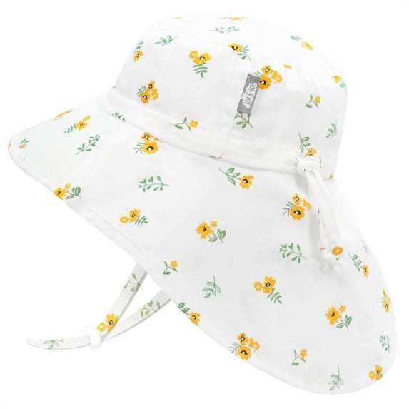 JAN & JUL Grow-with-Me Wide Brim Cotton Girls Sun-Hat for Toddler 50+ UPF (L: 2-5 Years, Yellow Flower)