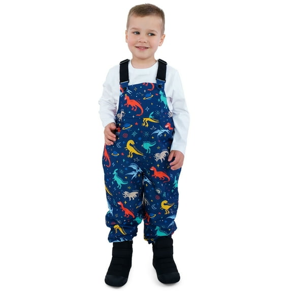 JAN & JUL Waterproof Bib Rain Pants for Boys, Lightweight Kids' Overalls (Space Dinos, Size 4T)