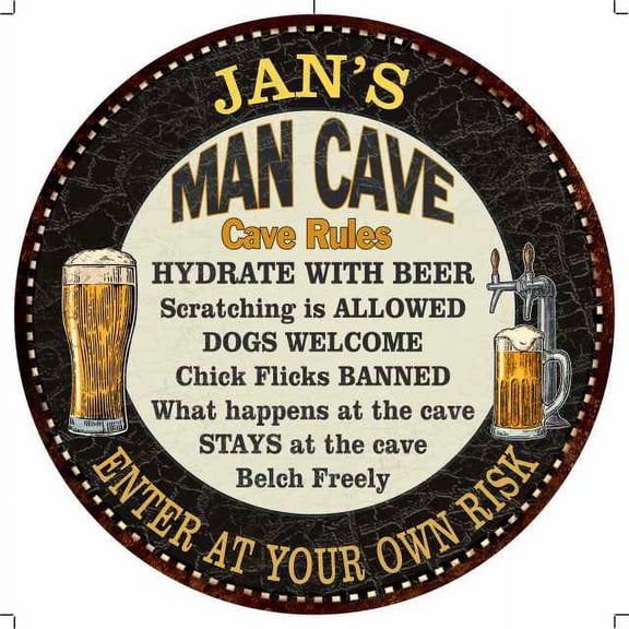 JAN'S Man Cave Rules 14" Round Metal Sign Garage Bar Decor 100140010012