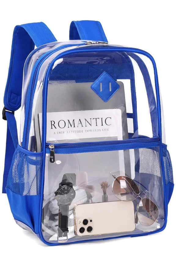 Clear Backpack Heavy Duty Stadium Approved See Through Book Bag Large Pvc Waterproof Transparent Bookback with Reinforced Strap for Work Security Concerts College, Blue