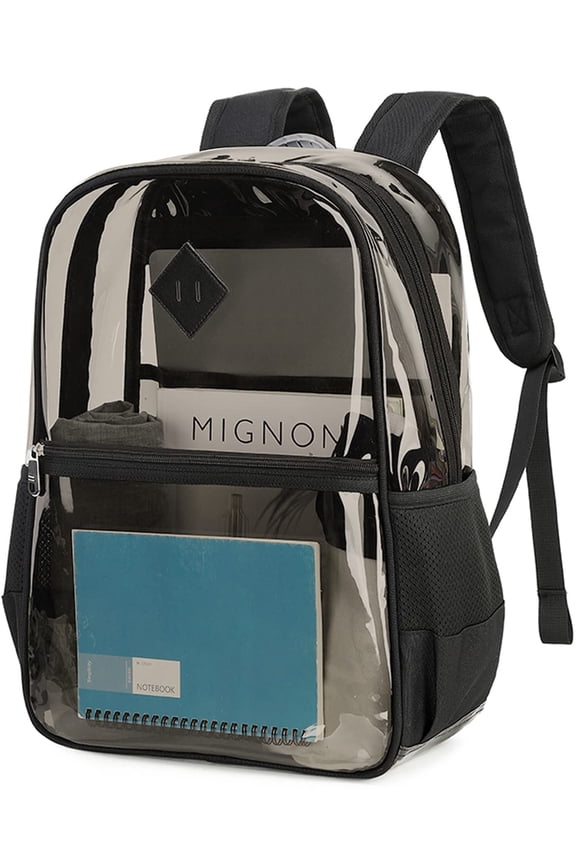 Clear Backpack Heavy Duty Stadium Approved See Through Book Bag Large Pvc Waterproof Transparent Bookback with Reinforced Strap for Work Security Concerts College, Black(Semi-Transparent)