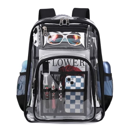 Soda Candy Clear Backpack Heavy Duty TPU Transparent Backpack Stadium Approved Large Waterproof Clear Book Bag Quick Security Check See Through Backpack with Reinforced Straps, Black