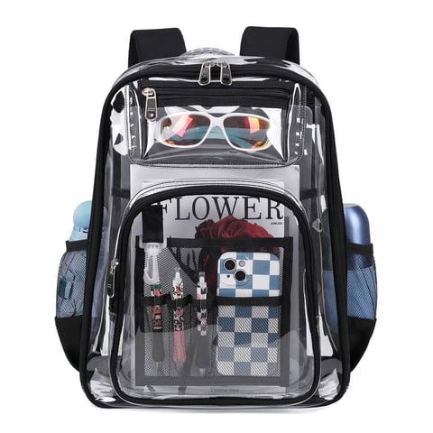 Clear Backpack Heavy Duty TPU Transparent Backpack Stadium Approved Large Waterproof Clear Book Bag Quick Security Check See Through Backpack with Reinforced Straps, Black