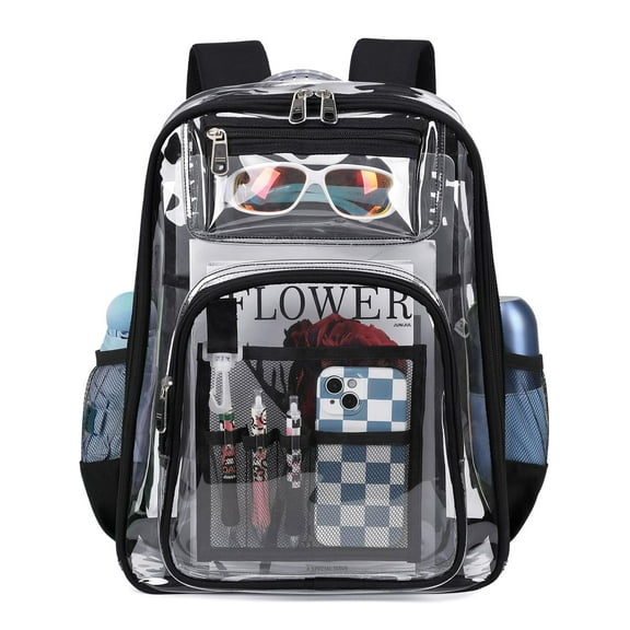 Soda Candy Clear Backpack Heavy Duty TPU Transparent Backpack Stadium Approved Large Waterproof Clear Book Bag Quick Security Check See Through Backpack with Reinforced Straps, Black