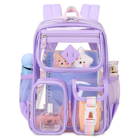 Soda Candy Mini Clear Backpack for Stadium Events Approved 12×6×12 Thick PVC Clear Bag Small Transparent Bookbag with Thick Shoulder Straps for Concert Sporting Events Festival Work Travel, Purple