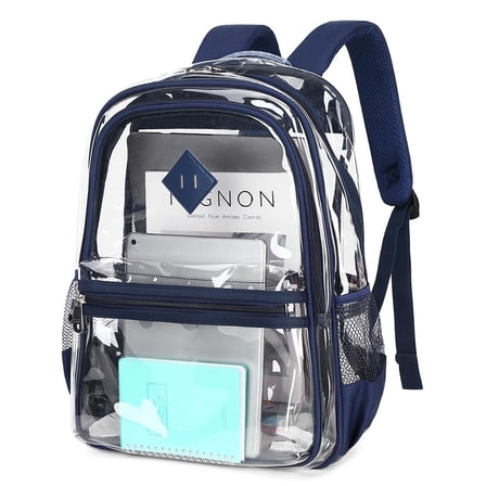 Soda Candy Large Clear Backpack Heavy Duty Triple Compartments Waterproof PVC Transparent Backpacks See Through Clear Bookbags for Teen Women Men for Stadium Events College Work Festival, Navy