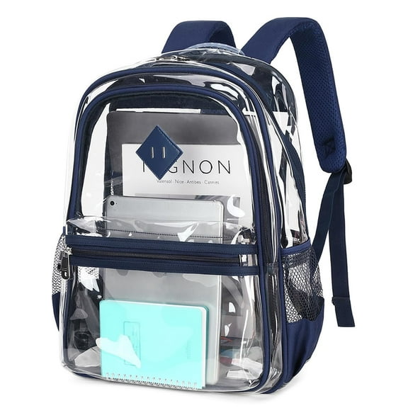 Soda Candy Large Clear Backpack Heavy Duty Triple Compartments Waterproof PVC Transparent Backpacks See Through Clear Bookbags for Teen Women Men for Stadium Events College Work Festival, Navy
