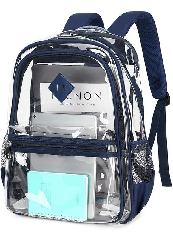 Large Clear Backpack Heavy Duty Triple Compartments Waterproof PVC Transparent Backpacks See Through Clear Bookbags for Teen Women Men for Stadium Events College Work Festival, Navy