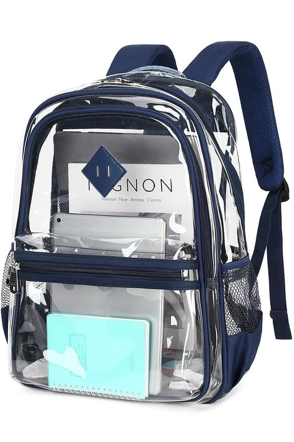 Large Clear Backpack Heavy Duty Triple Compartments Waterproof PVC Transparent Backpacks See Through Clear Bookbags for Teen Women Men for Stadium Events College Work Festival, Navy