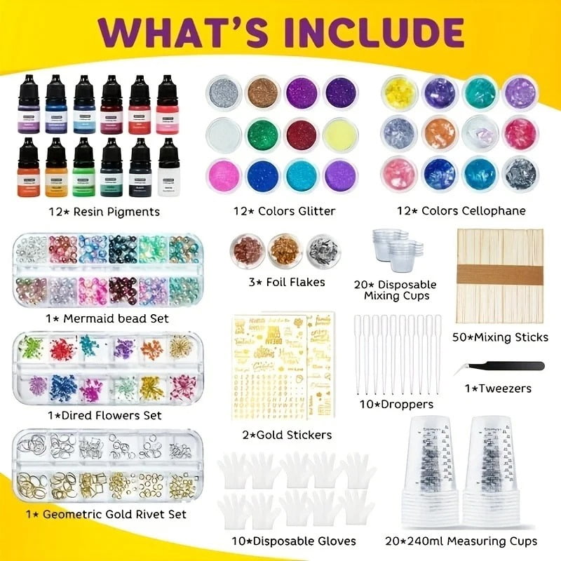 JANCHUN 150pcs Epoxy Resin Supplies Kit, Includes Mica Powder, Glitter, Golden, Silvery And Copper Foil Powder, Colour Ink, Measuring Cup, Gloves, Stirring Rod, Tweezer, Blessing Stickers