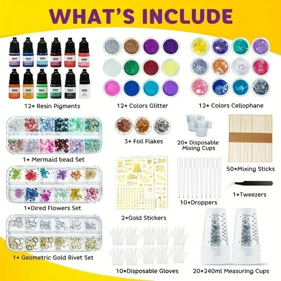 JANCHUN 150pcs Epoxy Resin Supplies Kit, Includes Mica Powder, Glitter, Golden, Silvery And Copper Foil Powder, Colour Ink, Measuring Cup, Gloves, Stirring Rod, Tweezer, Blessing Stickers