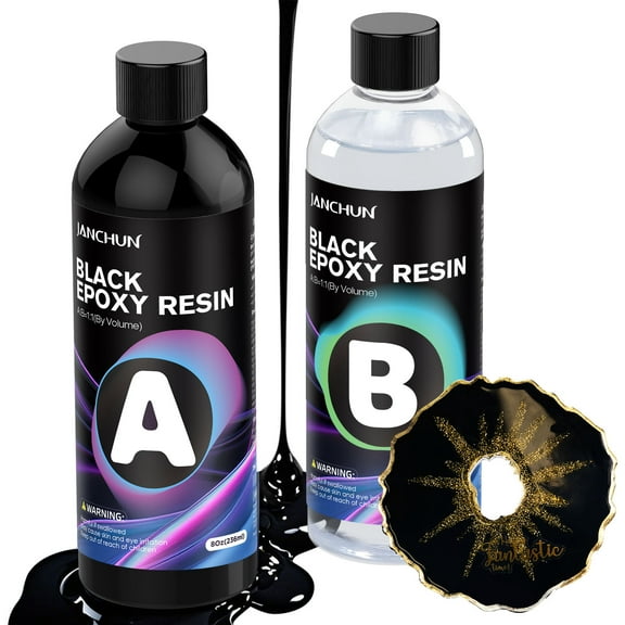 JANCHUN Pure Black Epoxy Resin Kit 16 Oz, Bubble-Free, Anti-Yellowing, Self Leveling Pour Resin Epoxy, Easy Mix 1:1 Coating and Casting Resin for Table Top, Molds, Art and Painting Resin
