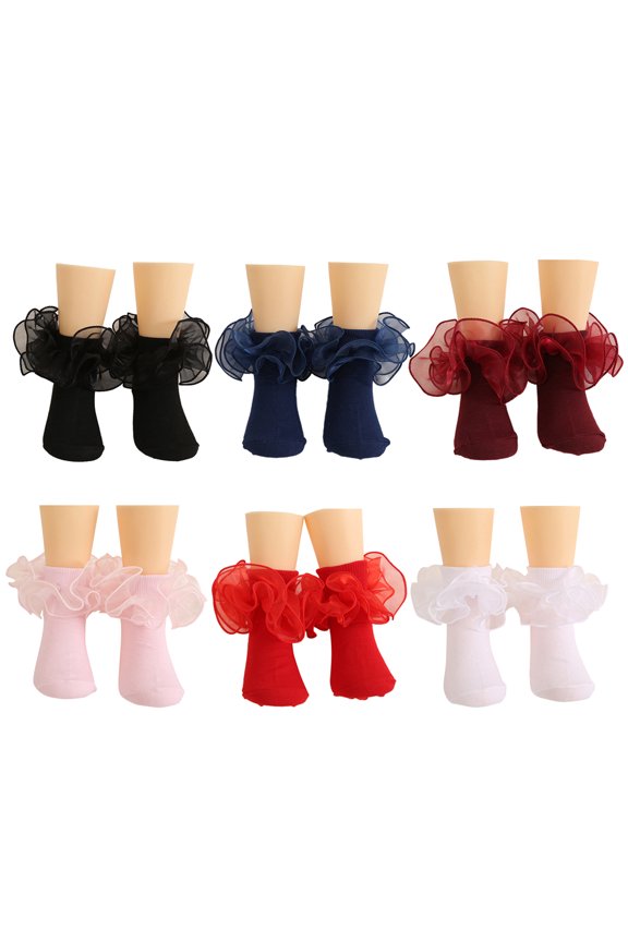 Baby Girls Newborn Ruffle Socks Toddler Double Lace Big Frilly Princess Dress Socks for Infant Little Kids 6 Pairs 0-10Y