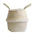 thumbnail image 1 of JANDEL Storage Basket, Foldable Handmade Folding Wicker Grass Weaving White Pattern with Small Plush Balls Flower Basket, Storage Basket for Storing Cosmetics, Dirty Clothes, B2, 1 of 13