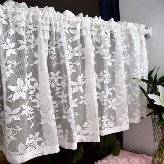 JANDEL White Lace Short Curtain for Kitchen Window Jacquard Floral Sheer Curtain Valance for Small Window Rod Pocket Top Tulle 1 Piece (41 Inch Wide, 17 Inch Long)