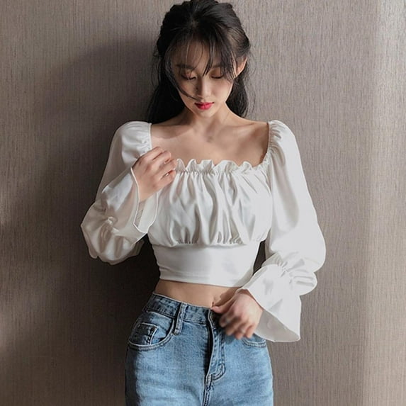 JANDEL Women's Neck Sexy Bandage Navel Exposed Long Sleeve Shirt Blouses